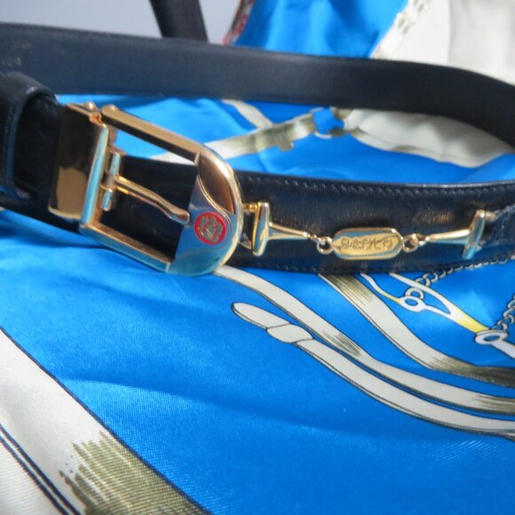 ❤️ 80 / 32 PAOLO GUCCI Horsebit and Logo Gold Belt Buckle &  Black Leather Belt main image 9